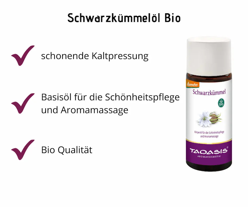 Taoasis Schwarzkümmelöl Bio in brauner Glasflasche mit weißem Deckel, Infografik mit Kaltpressung, Basisöl und Bio-Qualität