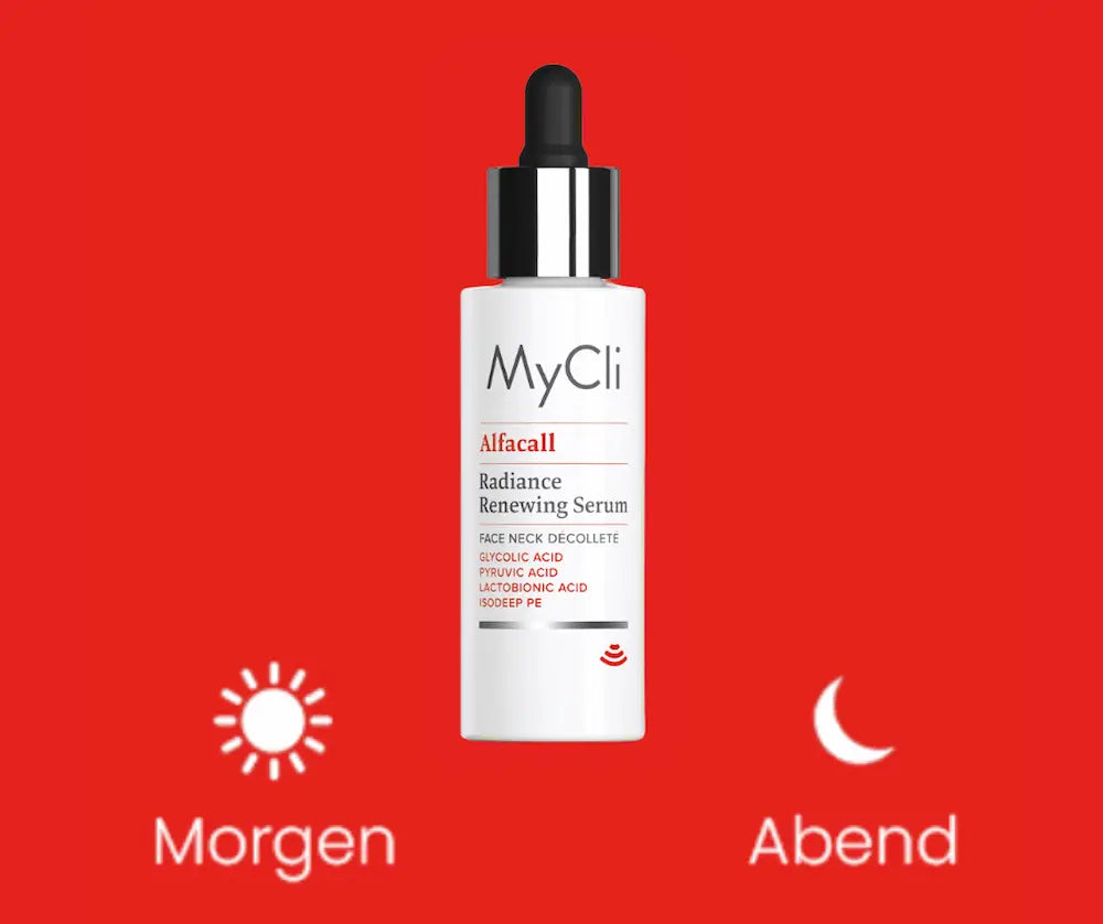 MyCli Alfacall Radiance Renewing Serum in weißer Tropfenflasche mit Symbolen für Anwendung morgens und abends auf rotem Hintergrund.