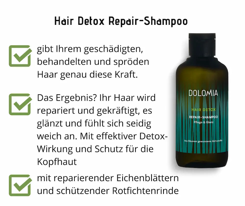 Dolomia Hair Detox Repair-Shampoo Pflege & Glanz in dunkelgrüner Flasche mit Auflistung der Produktvorteile