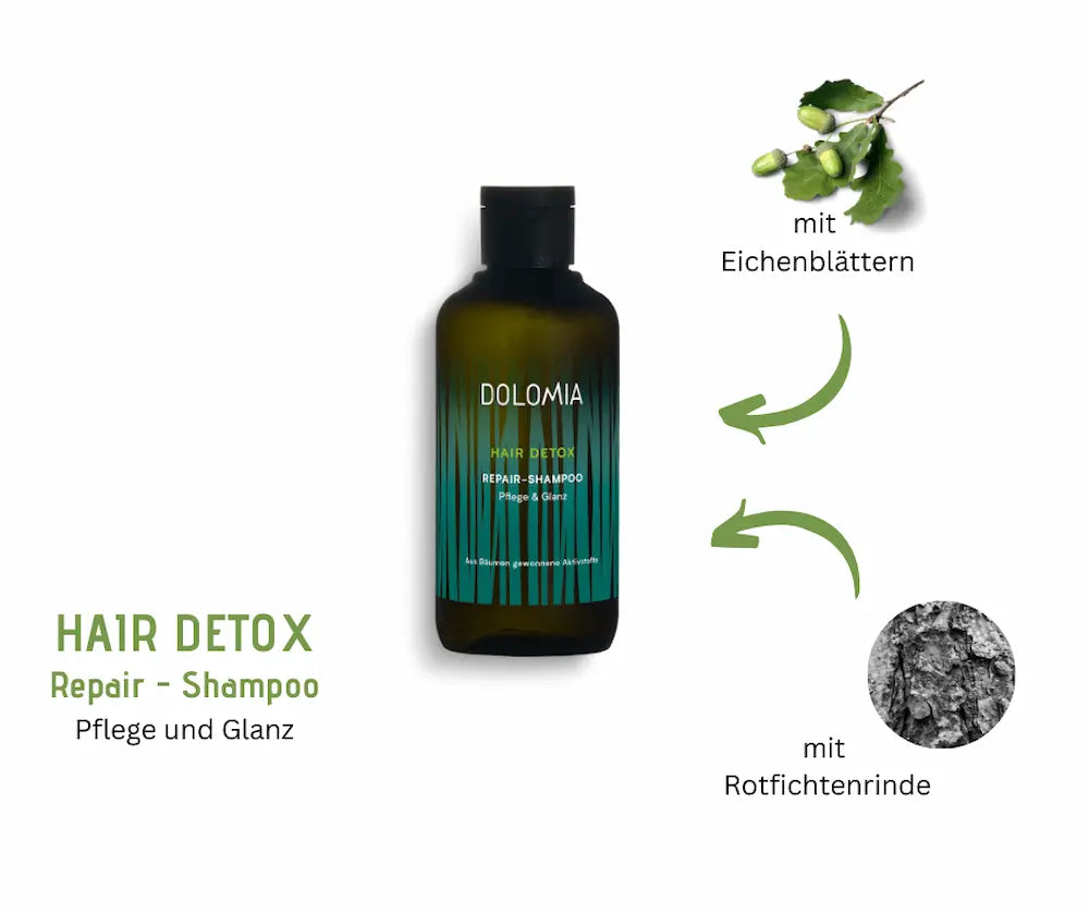 Dolomia Hair Detox Repair-Shampoo für Pflege und Glanz in grüner Flasche mit Eichenblättern und Rotfichtenrinde als Inhaltsstoffe