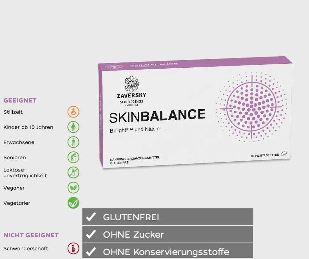 SKINBALANCE Filmtabletten mit Belight³™ und Niacin von Zaversky Stadtapotheke, lila-weiße Verpackung mit 30 Stück, glutenfrei, ohne Zucker, ohne Konservierungsstoffe