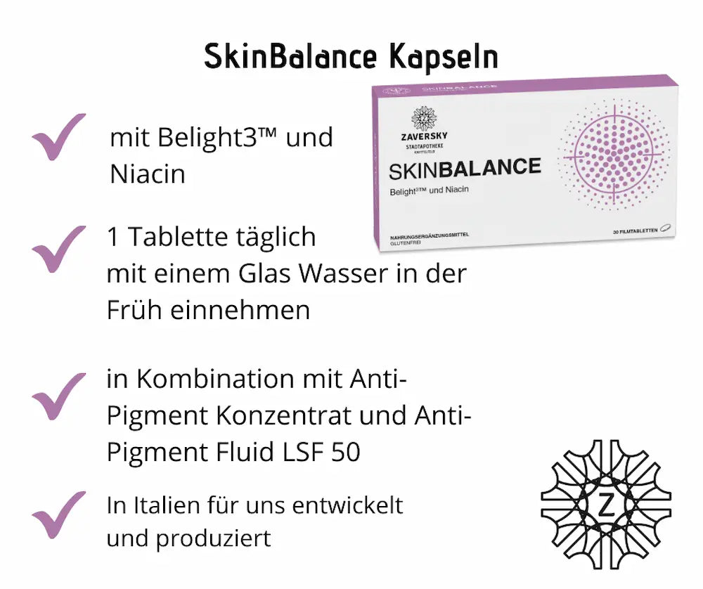 SkinBalance Kapseln von Zaversky mit Belight3™ und Niacin, 30 Filmtabletten, glutenfrei, Merkmale und Einnahmehinweise im Überblick