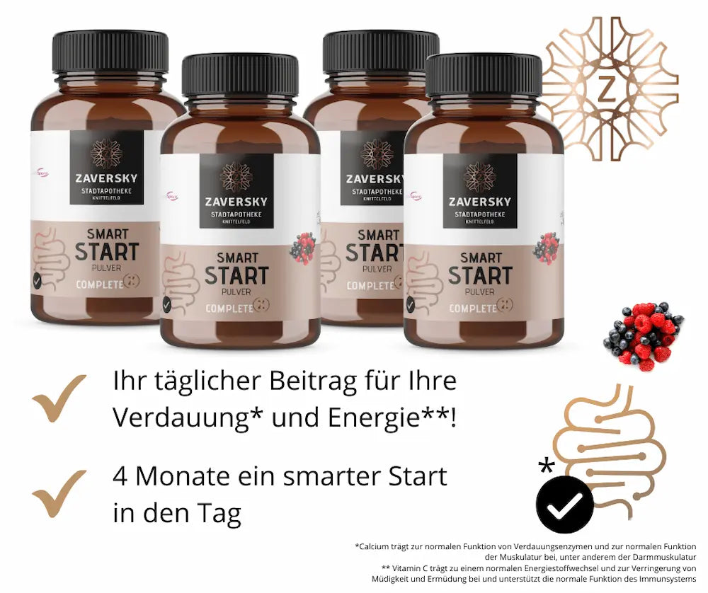 Vier Braunglasflaschen Zaversky Smart Start Pulver Complete mit Beeren-Motiv, daneben Hinweise zu Verdauung und Energie für 4 Monate.