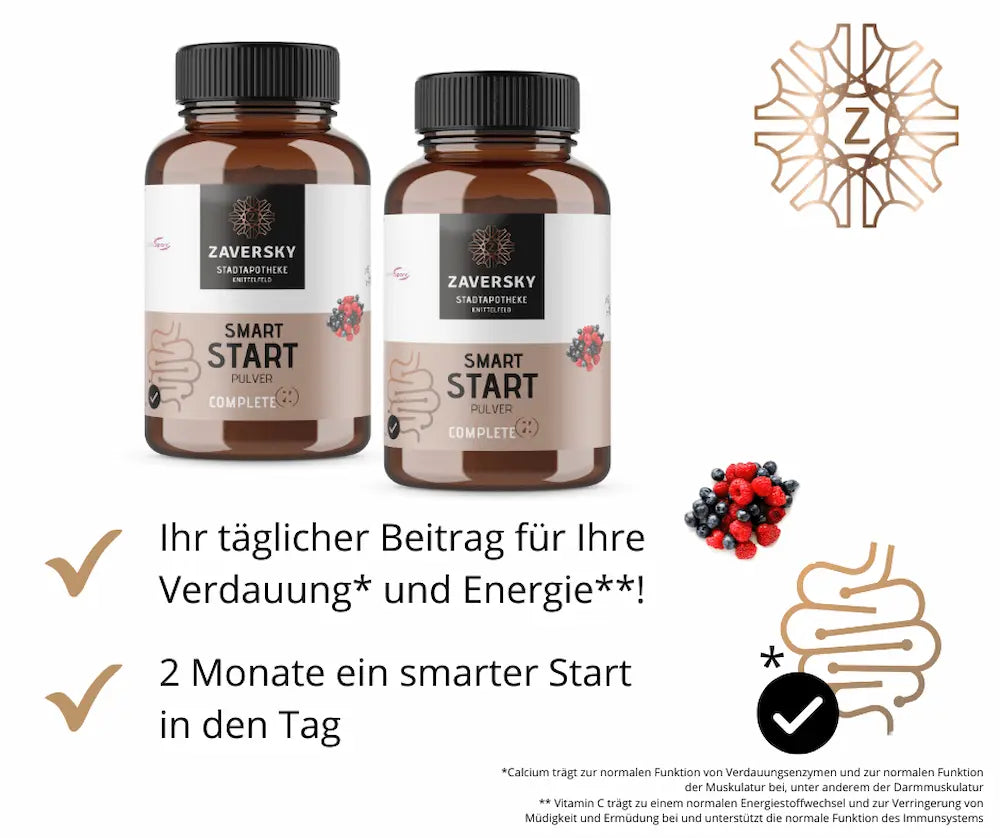 Zwei Smart Start Pulver Complete Dosen aus Braunglas mit Zaversky Stadtapotheke Etikett, Beeren-Motiv und Hinweisen zu Verdauung und Energie.