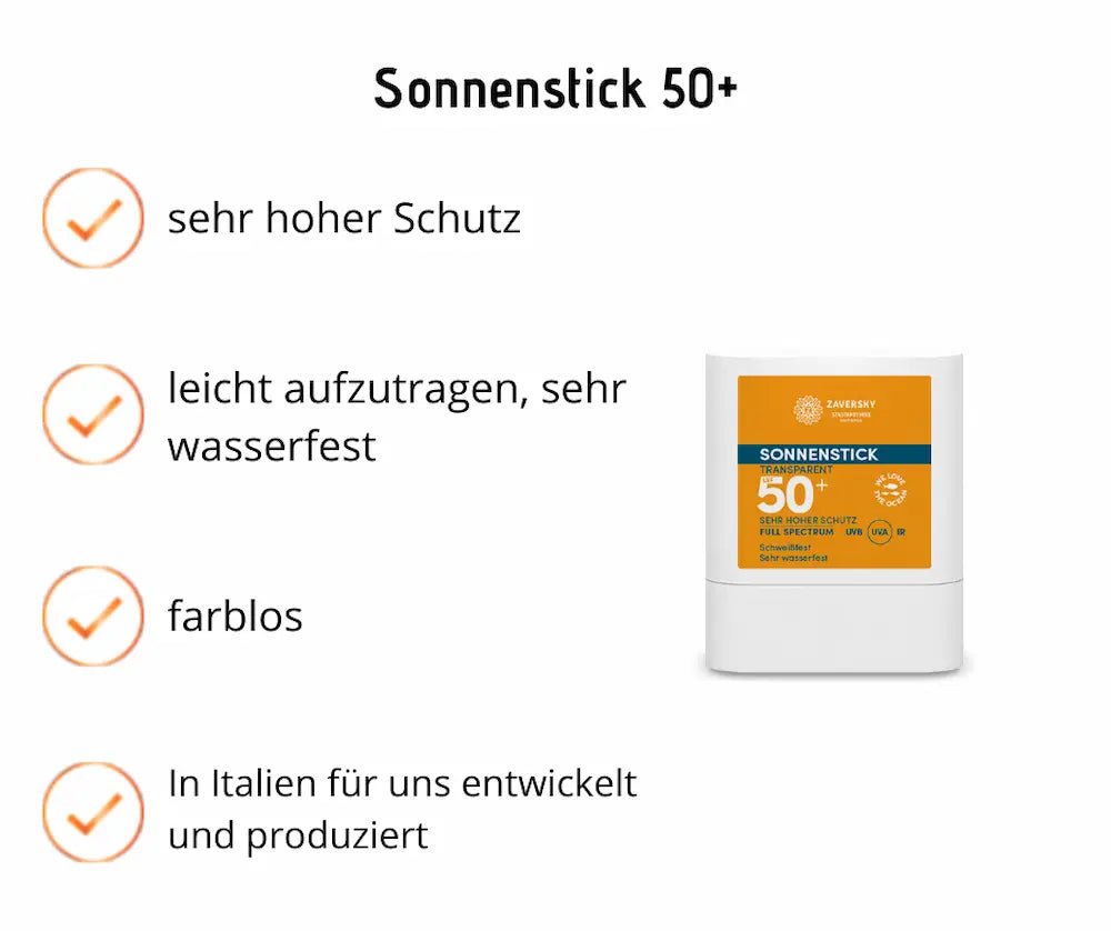 Zaversky Sonnenstick LSF 50+ mit sehr hohem Schutz, farblos, sehr wasserfest und leicht aufzutragen, in Italien entwickelt