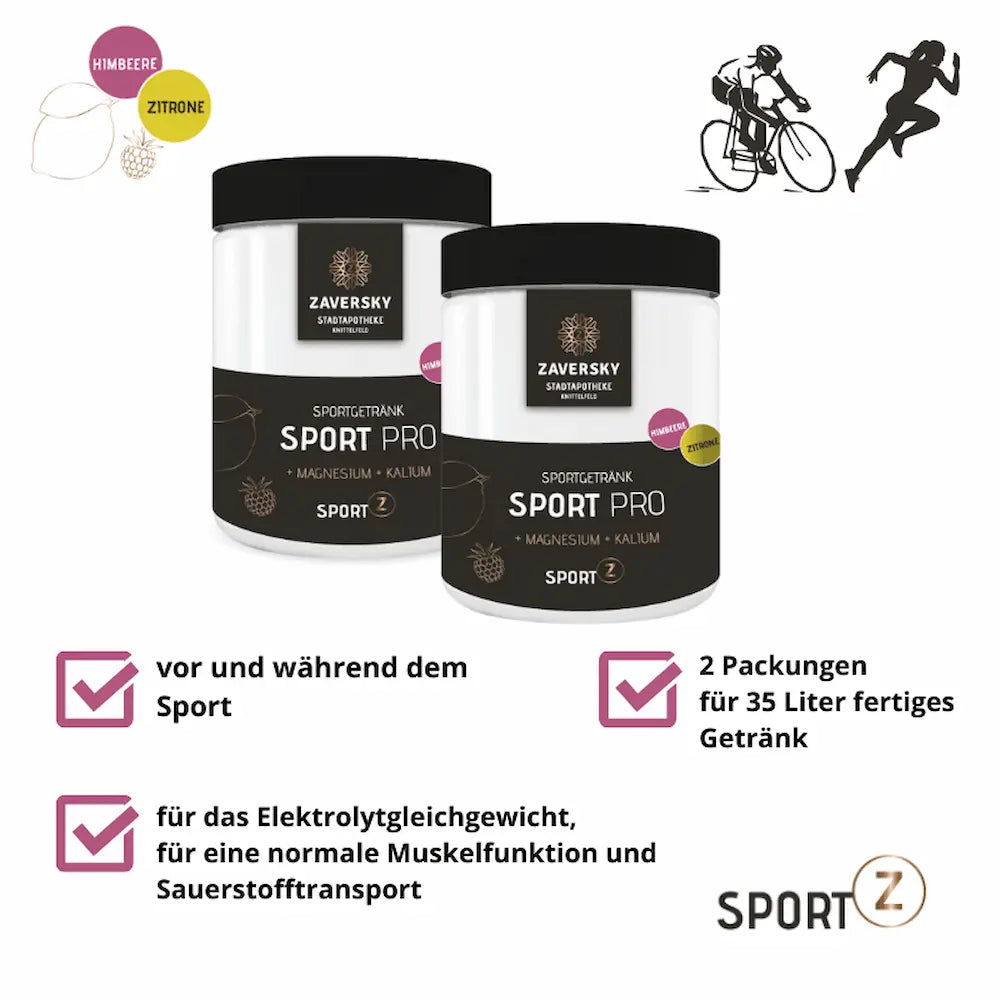 Sport Pro Sportgetränk Himbeere Zitrone von Zaversky Stadtapotheke, zwei Dosen mit Magnesium und Kalium, Infografik mit Anwendungshinweisen