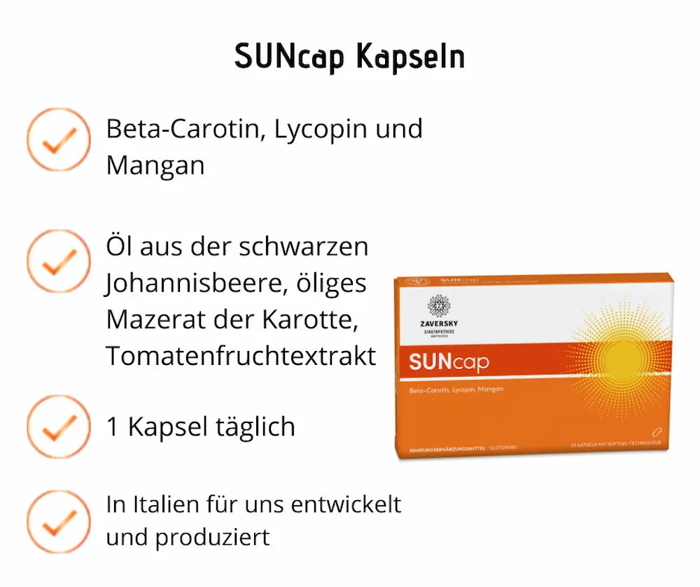 SUNcap Kapseln Infografik mit orangefarbener Faltschachtel, Zaversky Logo und Hinweisen zu Beta-Carotin, Lycopin und Mangan