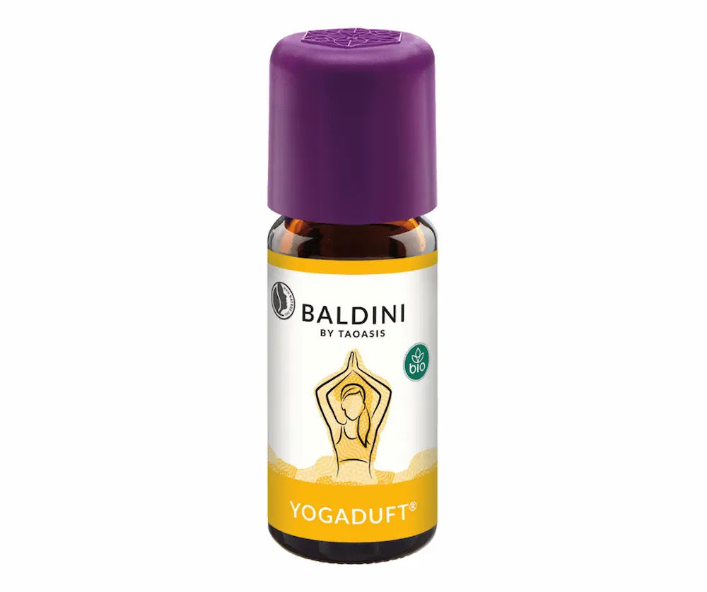 Baldini by Taoasis Yogaduft Bio Tropfenflasche aus braunem Glas mit lila Deckel und gelbem Etikett mit Yoga-Figur, Vorderansicht