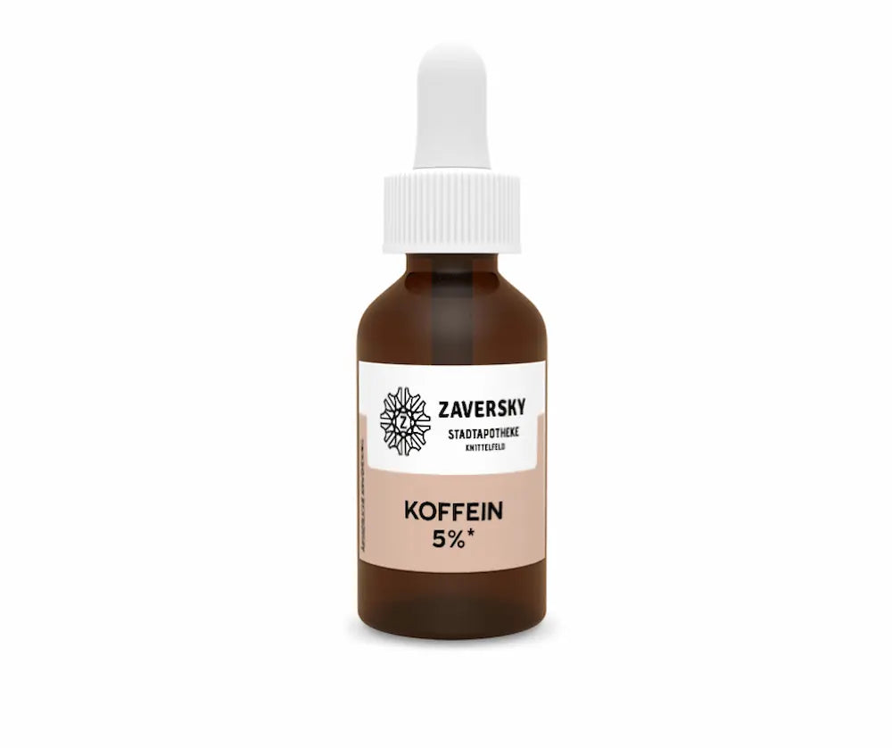 Braunglas-Tropfflasche Koffein 5% von Zaversky Stadtapotheke Knittelfeld mit weißer Pipette und beigem Etikett, Vorderansicht