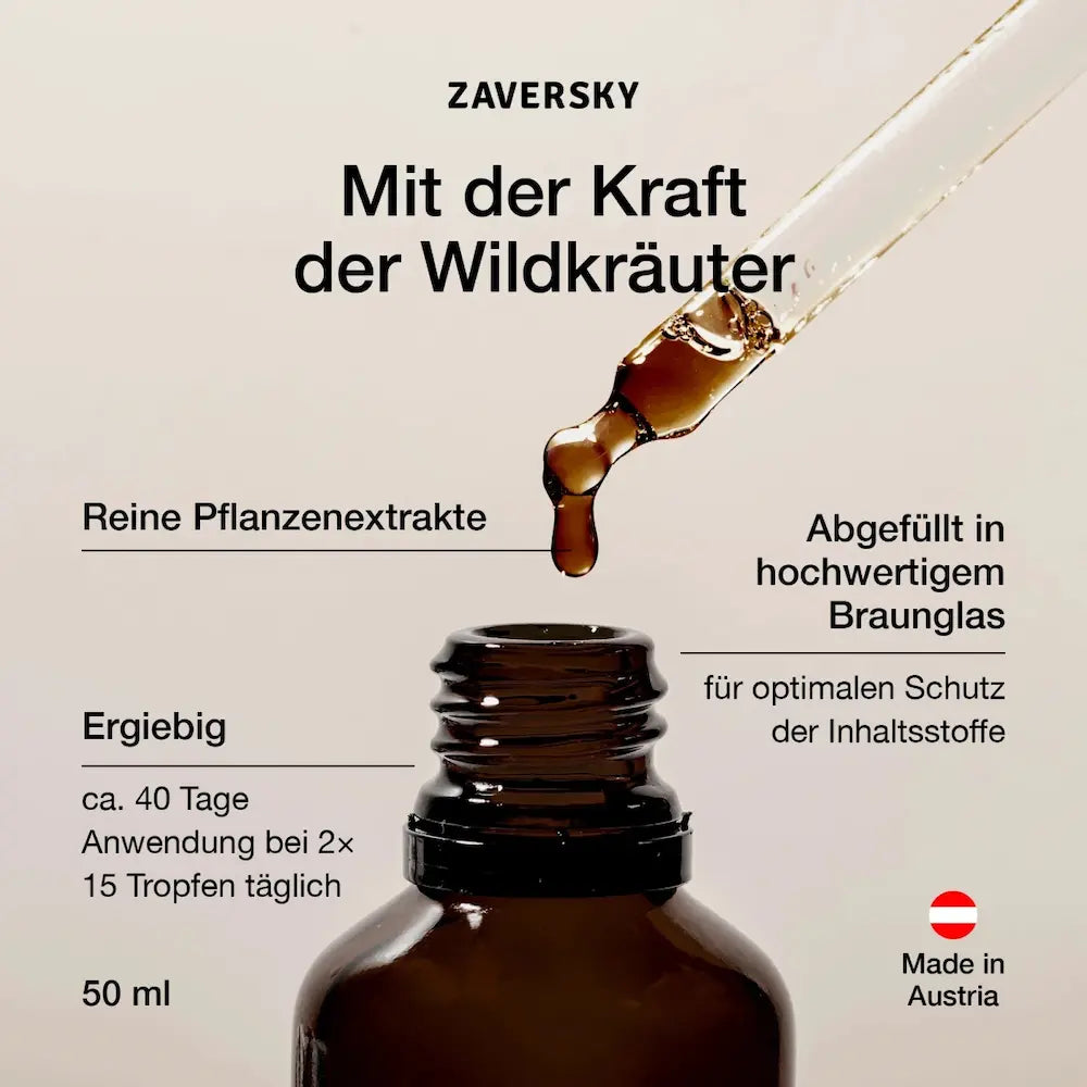 Zaversky Infografik mit geöffneter Braunglasflasche und Pipette, aus der dunkler Wildkräuter-Extrakt tropft, 50 ml, Made in Austria