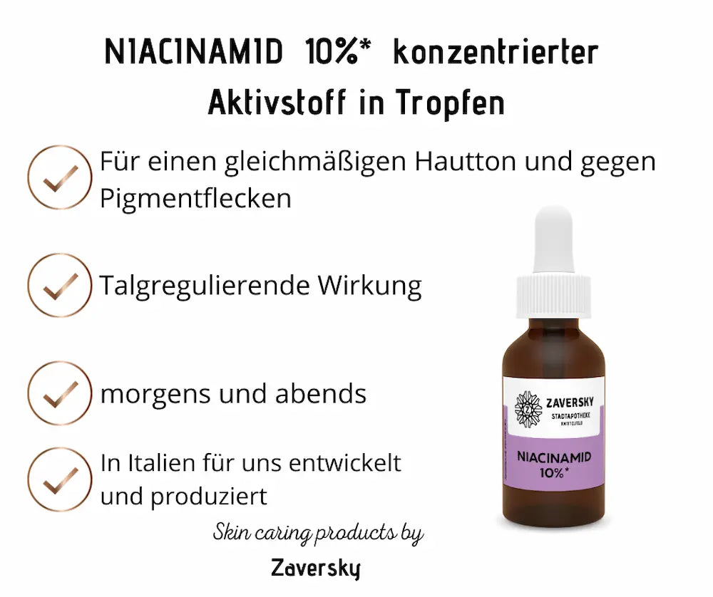 Zaversky Niacinamid 10% Aktivstoff in Tropfen, Braunglasflasche mit Pipette, Infografik zu gleichmäßigem Hautton, Talgregulierung und Anwendung