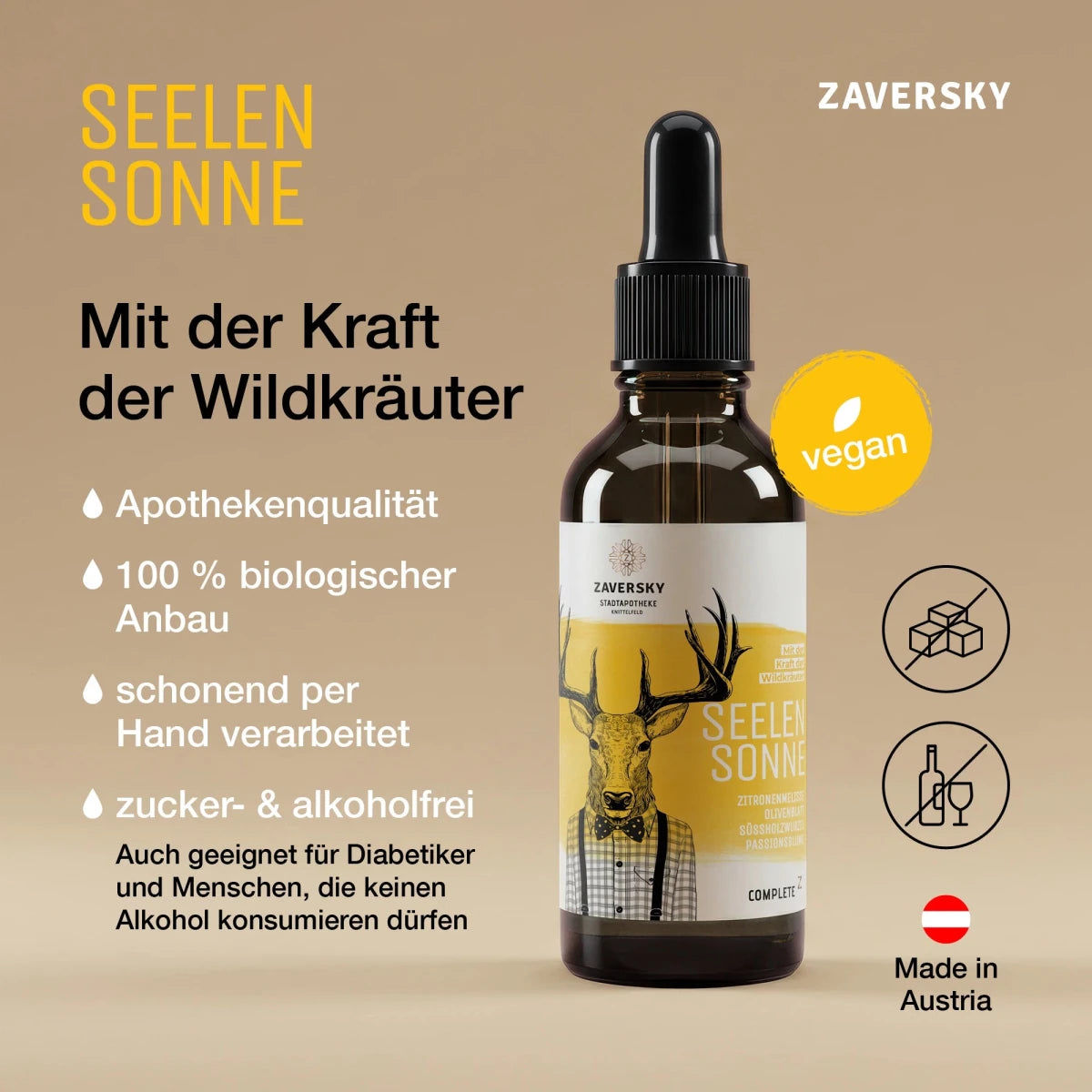 Zaversky Seelensonne Tropfenflasche aus Braunglas mit Hirsch-Etikett, vegan, zucker- und alkoholfrei, mit der Kraft der Wildkräuter