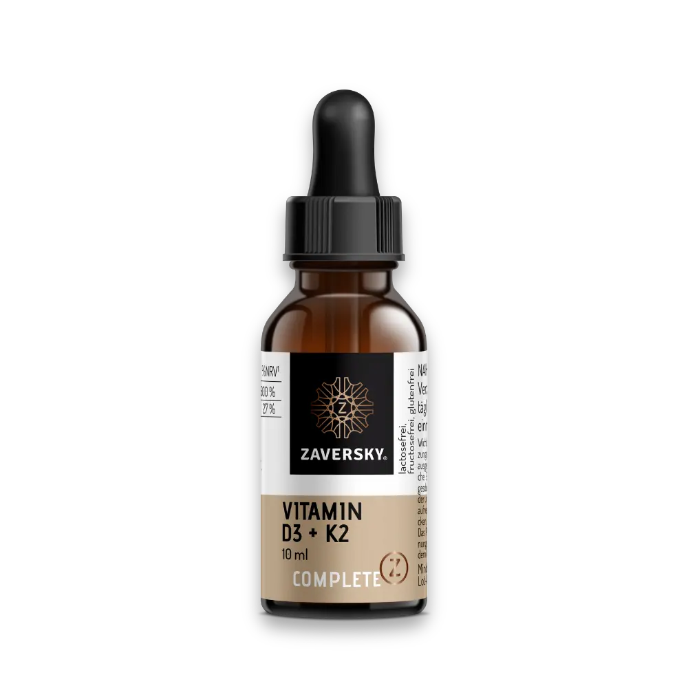 Zaversky Complete Vitamin D3 + K2 Tropfen, 10 ml, braune Glasflasche mit Pipette und beigem Etikett.