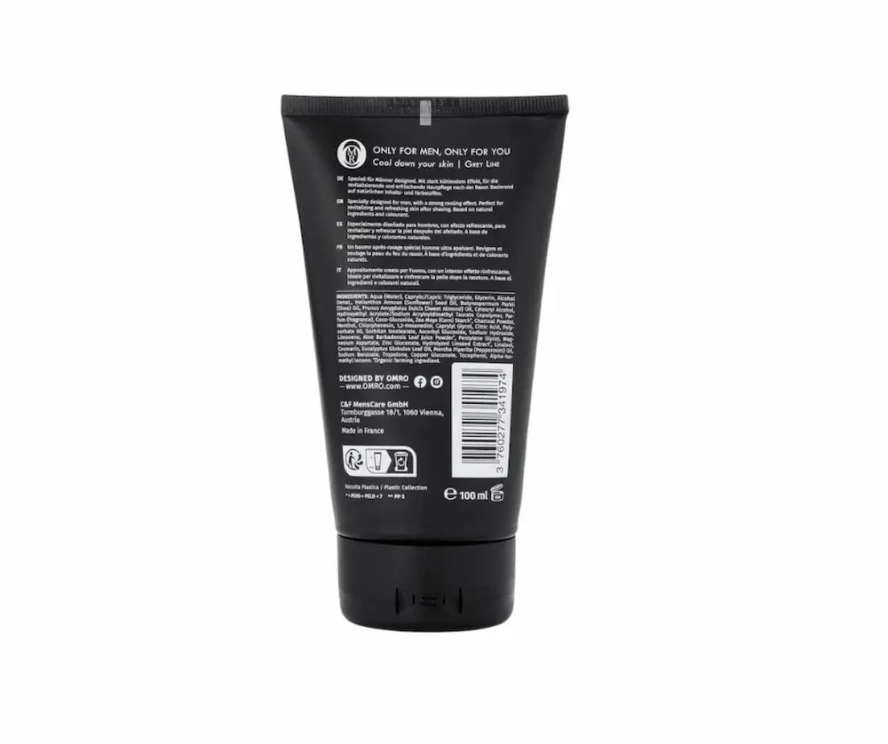 Schwarze 100 ml Tube OMRO Grey Line After Shave Balsam für Männer mit kühlendem Effekt, Rückseite mit Inhaltsstoffen und Beschreibung.
