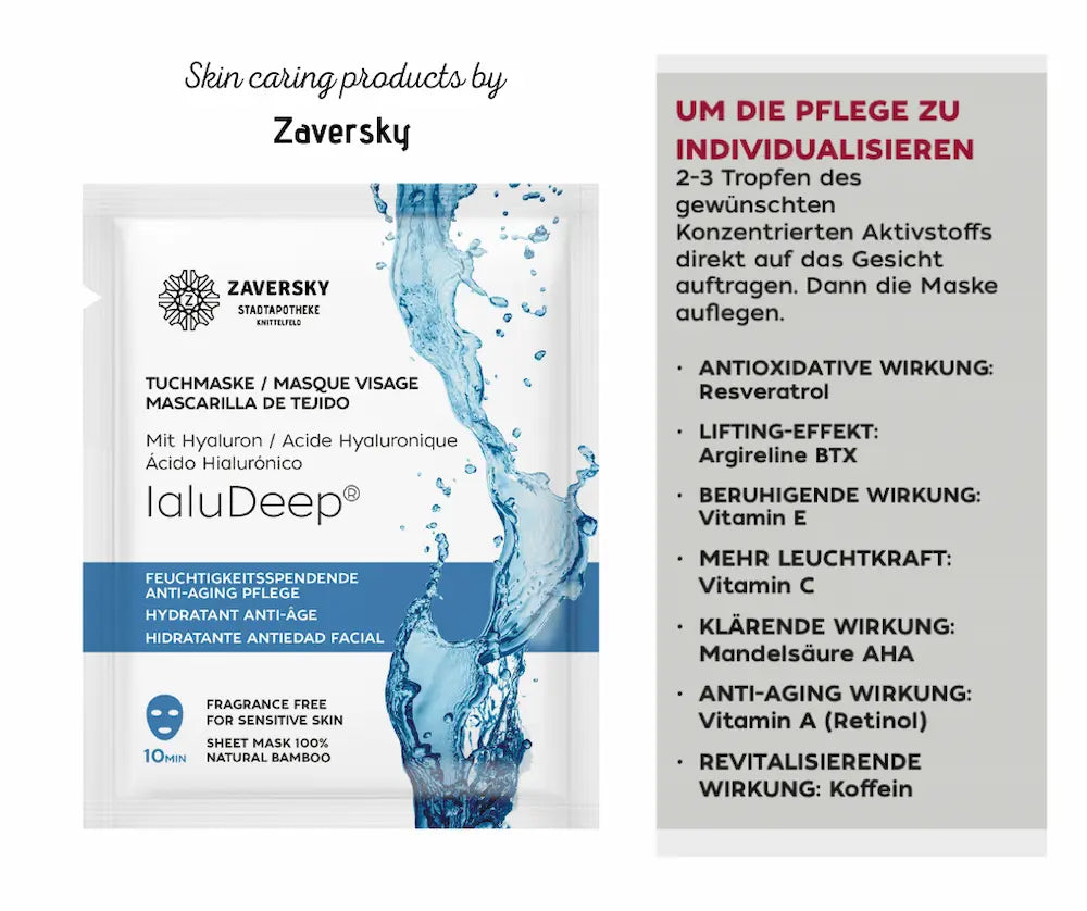 Zaversky Tuchmaske IaluDeep mit Hyaluron für sensible Haut, Infografik mit Wirkstoffen wie Vitamin C, Retinol und Koffein