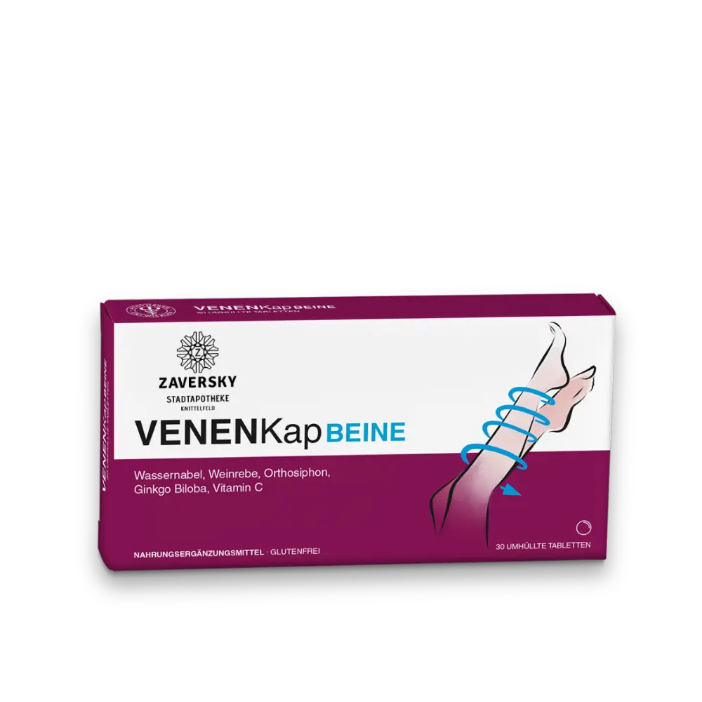 Zaversky VenenKap Beine, Verpackung mit 30 umhüllten Tabletten, Illustration von Beinen und Inhaltsstoffen wie Weinrebe und Ginkgo Biloba.