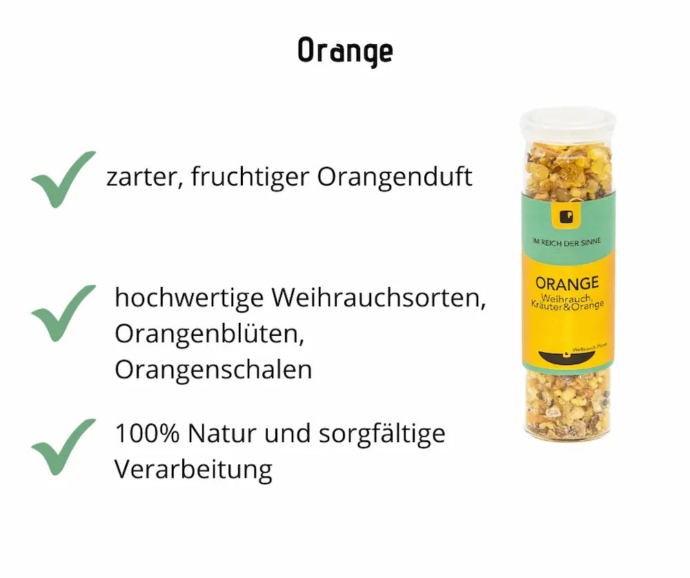 Glasdose mit Weihrauch Orange, gelb-grünes Etikett „Im Reich der Sinne", Infografik mit Hinweisen zu fruchtigem Orangenduft, Orangenblüten und Naturverarbeitung