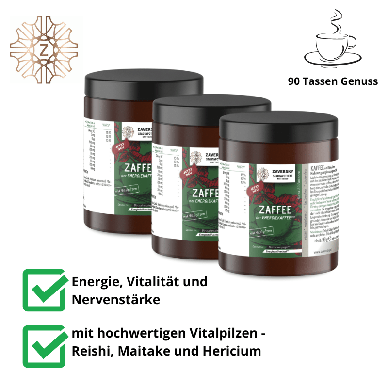Zaffee - Energiekaffee mit Vitalpilzen für Energie, Vitalität und Nervenstärke - 3 Packungen - Nahrungsergänzung - Apotheke Zaversky