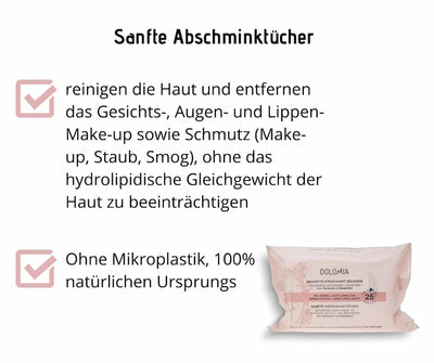 Dolomia Sanfte Abschminktücher in rosa Verpackung mit 25 Tüchern, Infografik zu Reinigung von Gesicht, Augen und Lippen ohne Mikroplastik