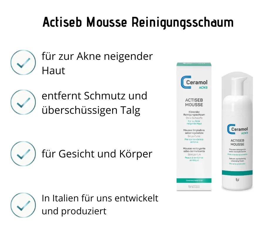 Ceramol ACNE Actiseb Mousse Reinigungsschaum mit Verpackung und Spenderflasche, Infografik mit Vorteilen für zu Akne neigende Haut