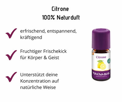 Taoasis Citrone 100% Naturduft in Braunglasflasche mit lila Verschluss, Infografik mit Vorteilen: erfrischend, fruchtiger Frischekick, fördert Konzentration