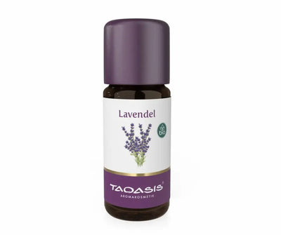 Taoasis Aromakosmetik Lavendel Bio ätherisches Öl in brauner Glasflasche mit lila Verschluss und Lavendelmotiv auf dem Etikett