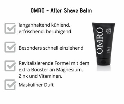 OMRO After Shave Balm in schwarzer Tube mit Infografik zu kühlender, schnell einziehender Formel mit Magnesium und Zin