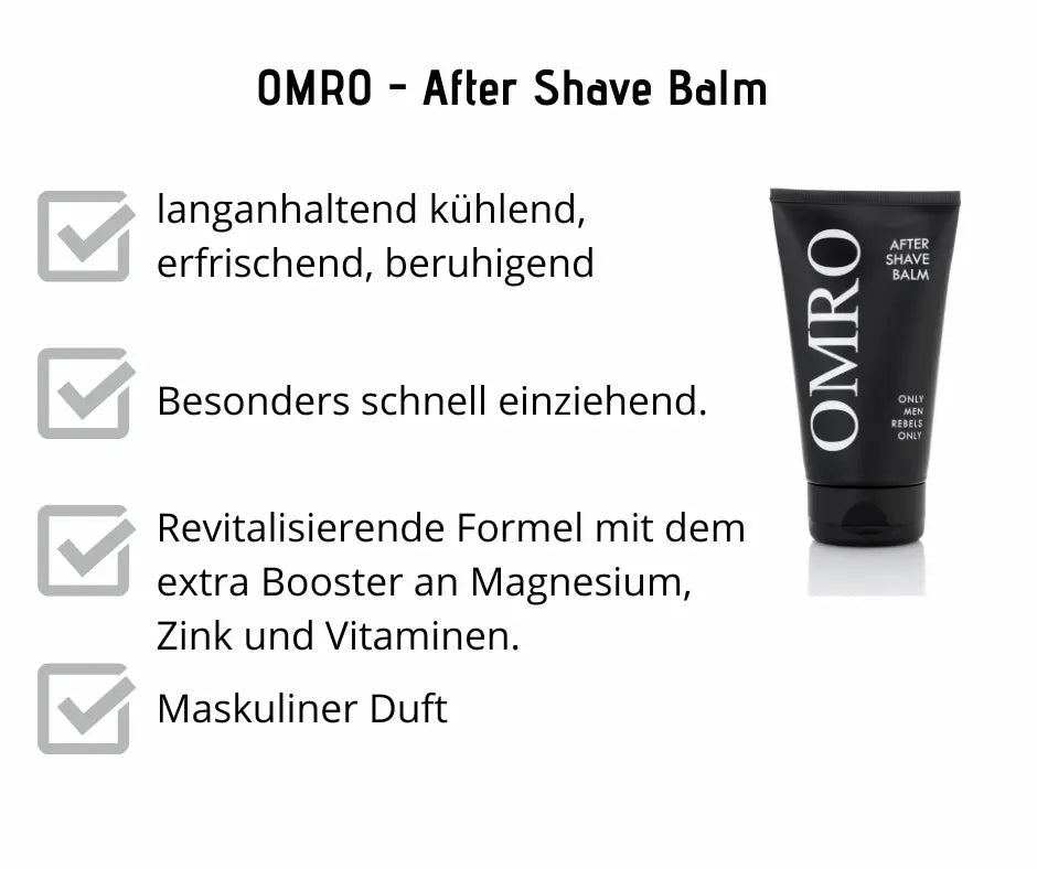 OMRO After Shave Balm in schwarzer Tube mit Infografik zu kühlender, schnell einziehender Formel mit Magnesium und Zin