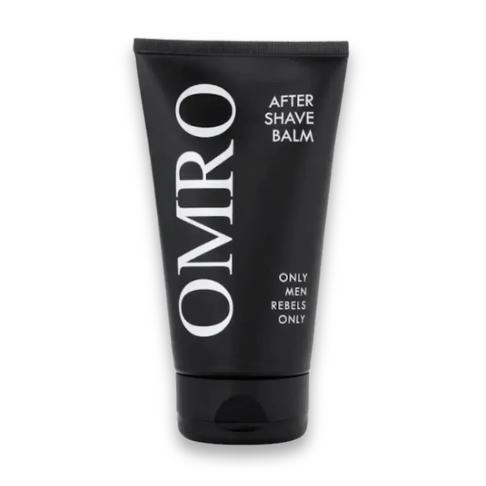 OMRO After Shave Balm in schwarzer Tube mit weißer Beschriftung und Aufdruck „Only Men Rebels Only“, Vorderansicht.