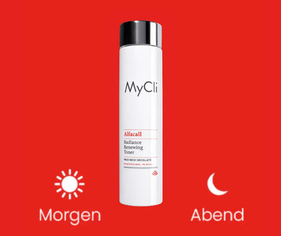MyCli Alfacall Radiance Renewing Toner in weißer Flasche mit silbernem Deckel, Anwendung morgens und abends, roter Hintergrund.