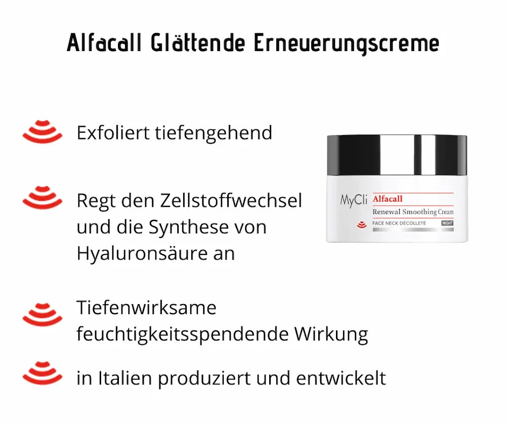 MyCli Alfacall Renewal Smoothing Cream im weißen Tiegel mit schwarzem Deckel, Infografik mit Merkmalen für Gesicht, Hals und Dekolleté.