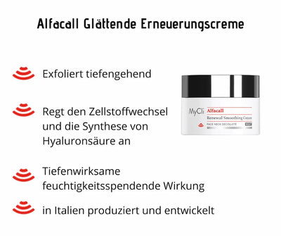 MyCli Alfacall Renewal Smoothing Cream im weißen Tiegel mit schwarzem Deckel, Infografik mit Merkmalen für Gesicht, Hals und Dekolleté.
