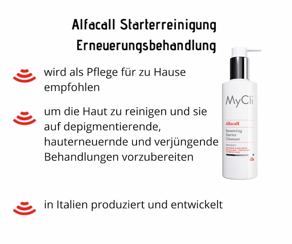 MyCli Alfacall Renewing Starter Cleanser für Gesicht und Körper in weißer Pumpflasche mit Merkmalen zur Anwendung und Herkunft aus Italien.