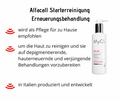 MyCli Alfacall Renewing Starter Cleanser für Gesicht und Körper in weißer Pumpflasche mit Merkmalen zur Anwendung und Herkunft aus Italien.