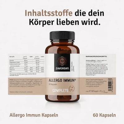 Zaversky Allergo Immun Complete 60 Kapseln in braunem Glas mit ausgerolltem Etikett, Nährstofftabelle, Zutaten und Verzehrempfehlung.