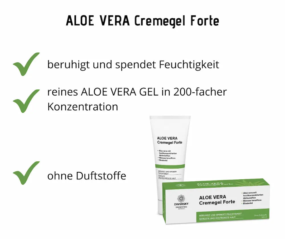 Aloe Vera Cremegel Forte von Zaversky, weiße Tube mit grüner Faltschachtel, beruhigt und spendet Feuchtigkeit, ohne Duftstoffe.