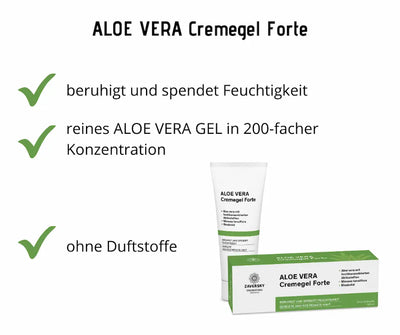 Aloe Vera Cremegel Forte von Zaversky, weiße Tube mit grüner Faltschachtel, beruhigt und spendet Feuchtigkeit, ohne Duftstoffe.