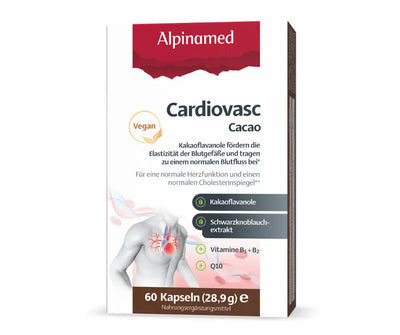 Alpinamed Cardiovasc Cacao, Verpackung mit 60 Kapseln, vegan, mit Kakaoflavanolen, Schwarzknoblauchextrakt, Vitamin B1, B2 und Q10.