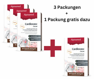 Alpinamed Cardiovasc Cacao Aktionsbundle mit drei Packungen plus einer Packung gratis, je 60 Kapseln, vegan, Vorderansicht.