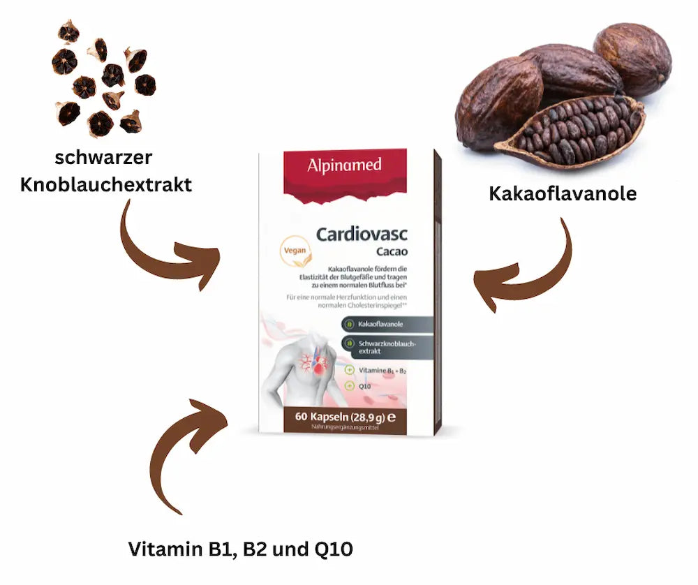 Infografik zu Alpinamed Cardiovasc Cacao mit 60 Kapseln, hervorgehoben sind schwarzer Knoblauchextrakt, Kakaoflavanole sowie Vitamin B1, B2 und Q10.