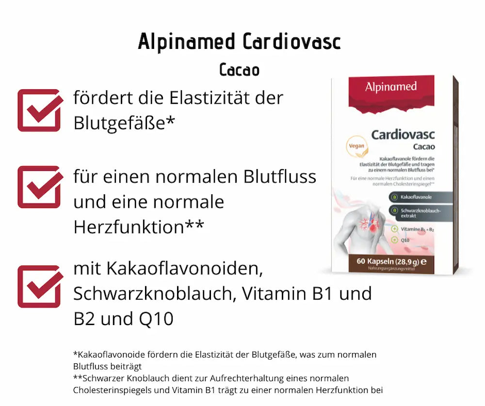 Infografik zu Alpinamed Cardiovasc Cacao mit 60 Kapseln, vegan, mit Kakaoflavonoiden, Schwarzknoblauch, Vitamin B1, B2 und Q10.