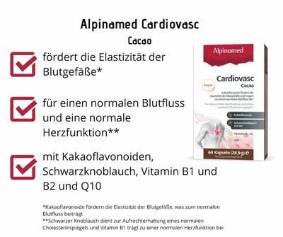Infografik zu Alpinamed Cardiovasc Cacao mit 60 Kapseln, vegan, mit Kakaoflavonoiden, Schwarzknoblauch, Vitamin B1, B2 und Q10.