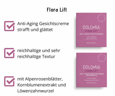 Infografik zur Dolomia Flora Lift Anti-Aging Gesichtscreme in zwei rosa Verpackungen mit Hinweisen zu Textur und Wirkstoffen