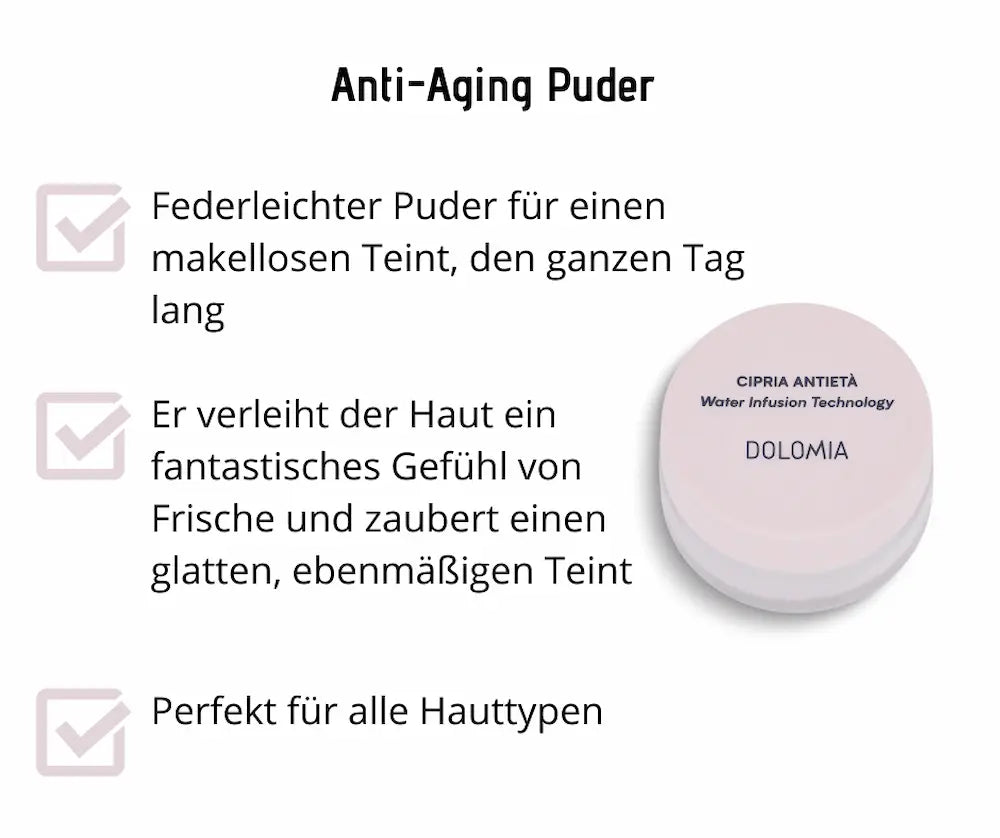 Infografik zum Anti-Aging Puder Cipria Antietà von Dolomia mit Water Infusion Technology, rosa Dose und drei Produktvorteilen.