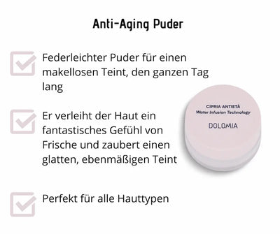 Infografik zum Anti-Aging Puder Cipria Antietà von Dolomia mit Water Infusion Technology, rosa Dose und drei Produktvorteilen.