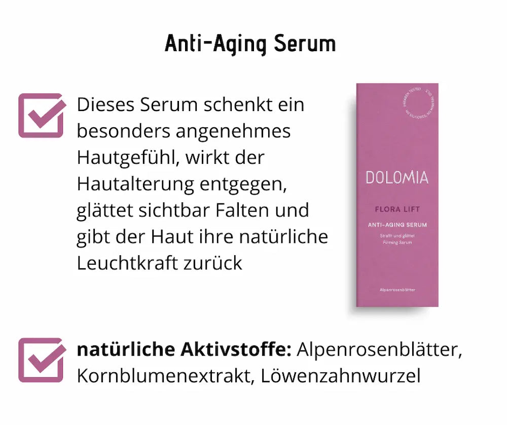 Infografik zum Dolomia Flora Lift Anti-Aging Serum in violetter Faltschachtel mit Hinweisen zu Wirkung und natürlichen Aktivstoffen.