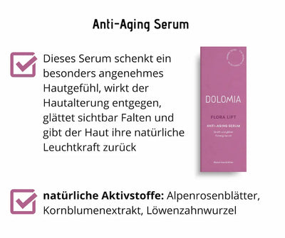 Infografik zum Dolomia Flora Lift Anti-Aging Serum in violetter Faltschachtel mit Hinweisen zu Wirkung und natürlichen Aktivstoffen.