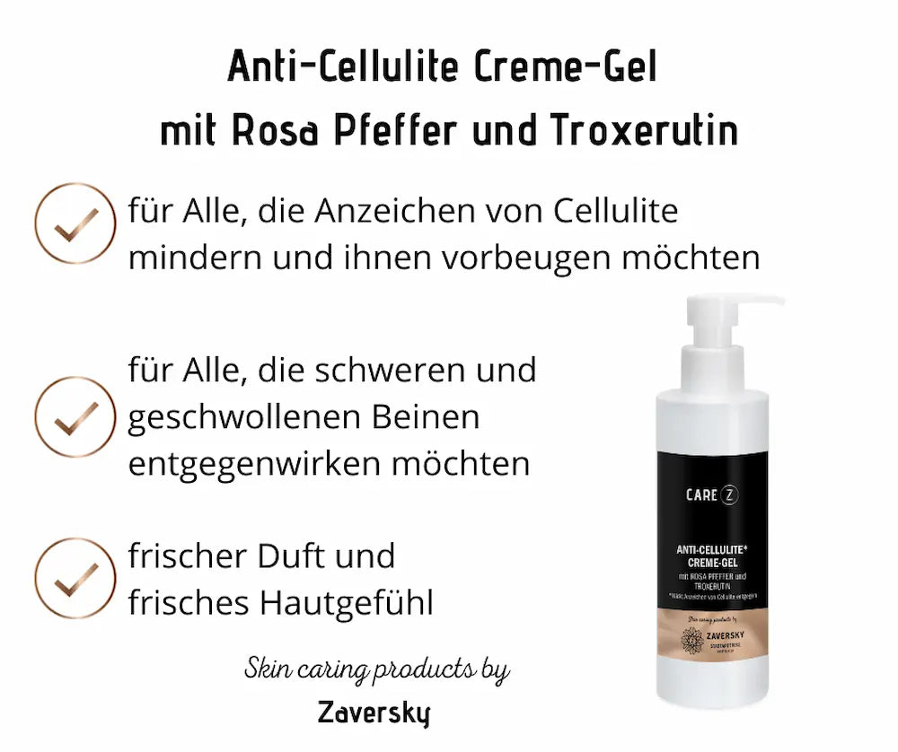 Infografik zum CARE Z Anti-Cellulite Creme-Gel mit Rosa Pfeffer und Troxerutin von Zaversky, weiße Pumpflasche mit drei Vorteilen