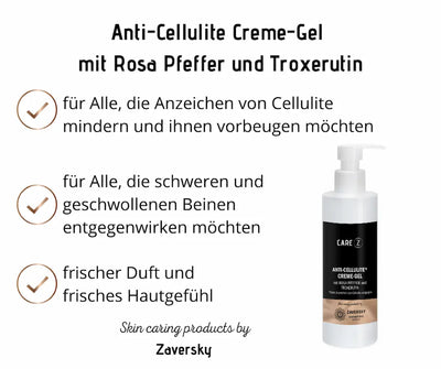 Infografik zum CARE Z Anti-Cellulite Creme-Gel mit Rosa Pfeffer und Troxerutin von Zaversky, weiße Pumpflasche mit drei Vorteilen