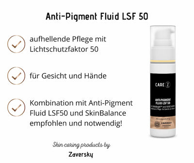 Care Z Anti-Pigment Fluid LSF 50 in weißer Pumpflasche mit schwarzem Etikett, daneben Produktvorteile für Gesicht und Hände